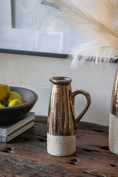 Candia Terracotta Pitcher, bronze-brown ribbed ceramic with white base, on rustic wood table on Tampa Home & Garden Store