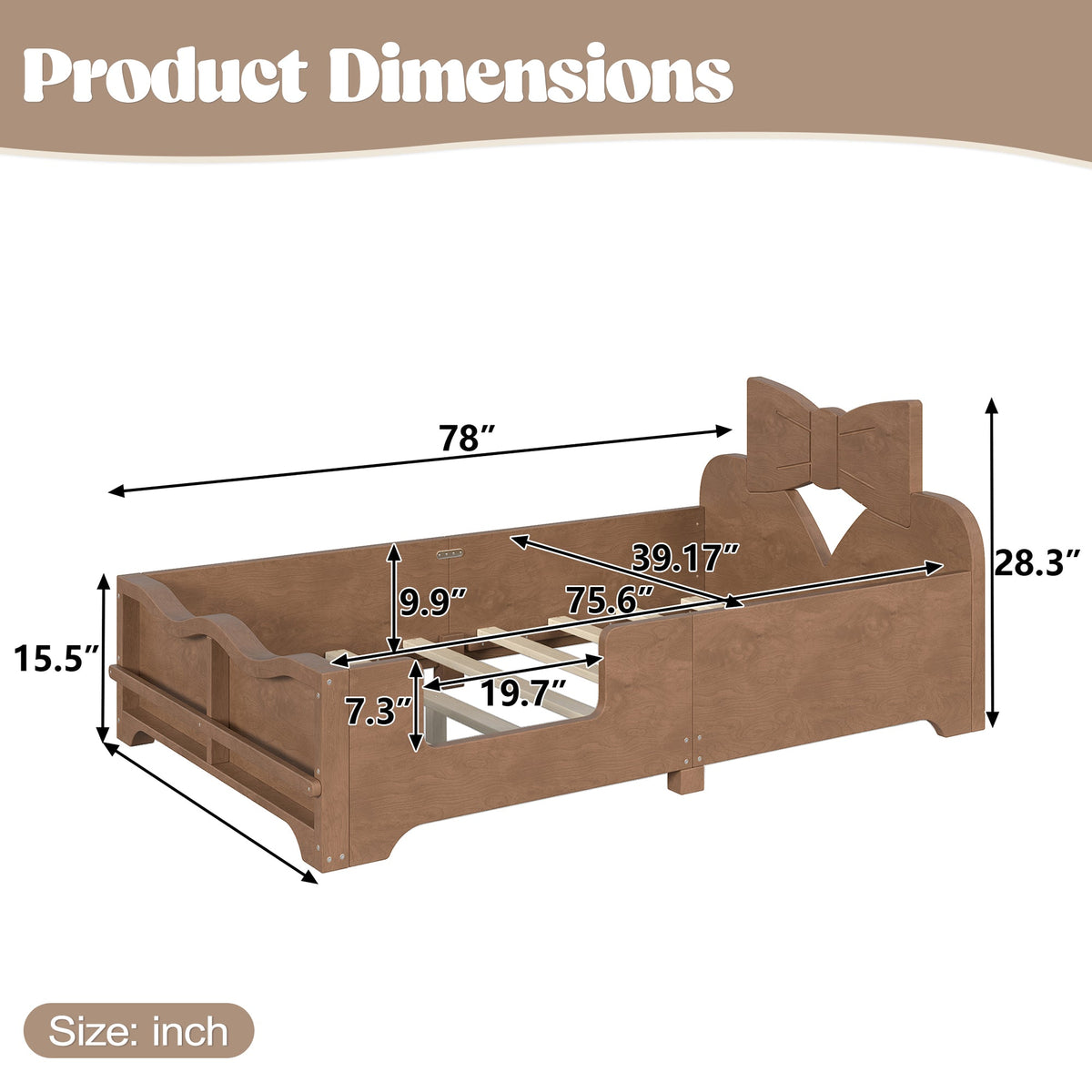 Twin size kids platform bed with full surround guardrails and bookshelf in pine by HouseOfZazla on Tampa Home & Garden Store