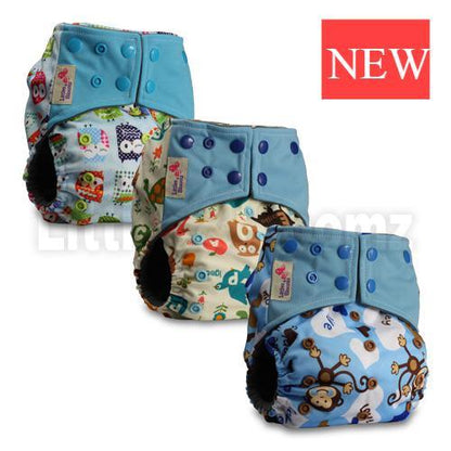 Stevvex cloth diaper pocket nappies set, 3 washable nappies with blue tops and animal prints on Tampa Home & Garden Store