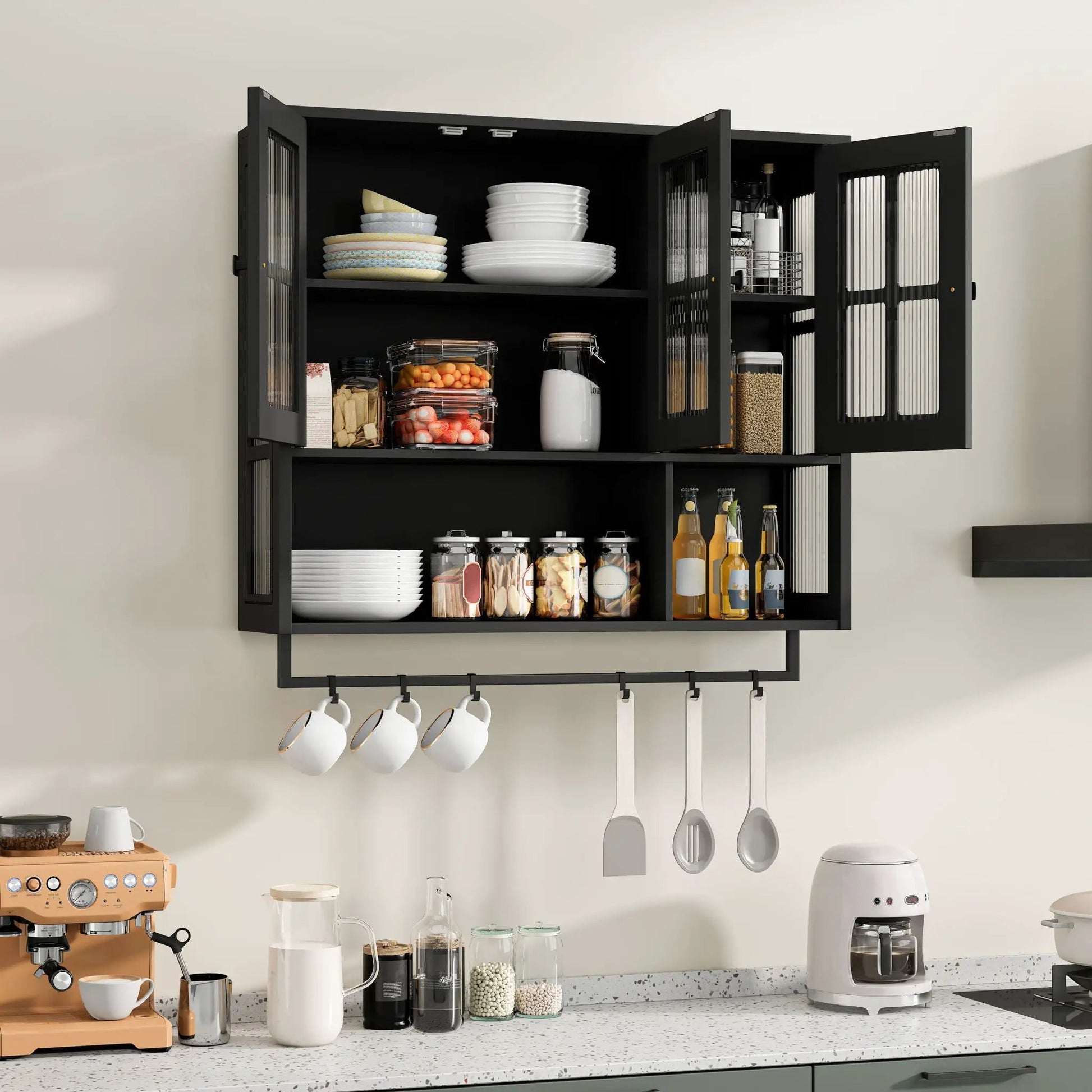 3-door wall display cabinet with glass doors and towel bar black finish stores bowls and plates on Tampa Home & Garden Store