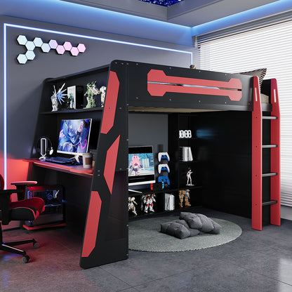 Full size wood loft bed with desk, red/black frame, RGB lighting, storage HouseOfZazla on Tampa Home & Garden Store