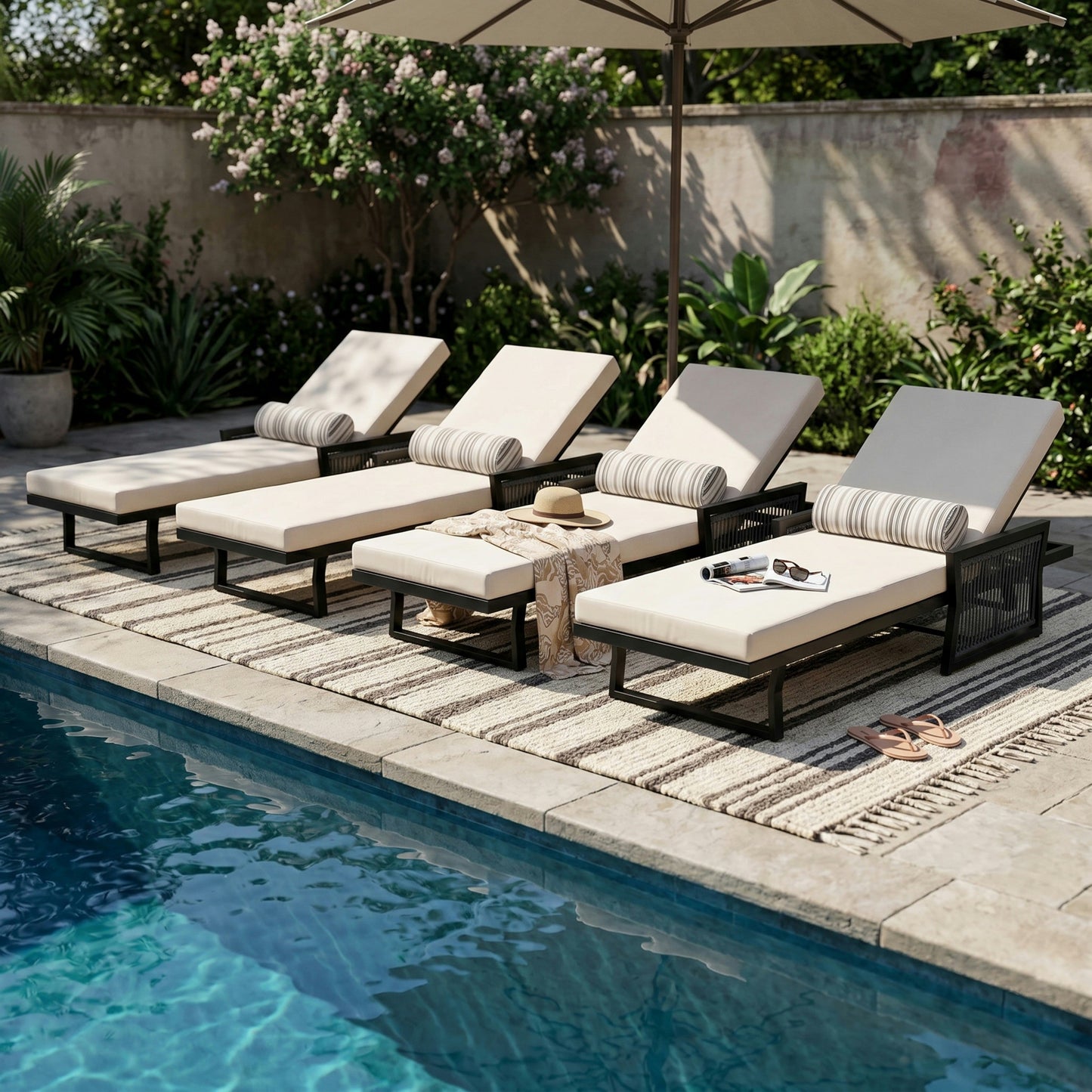 Black Iron Chaise Lounge And A Cream Cushion Set