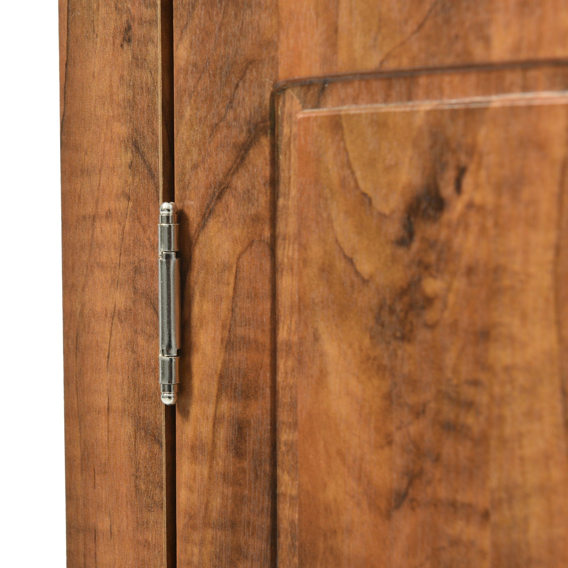 Triangle bathroom storage cabinet door close-up with metal hinge on warm wood grain on Tampa Home & Garden Store