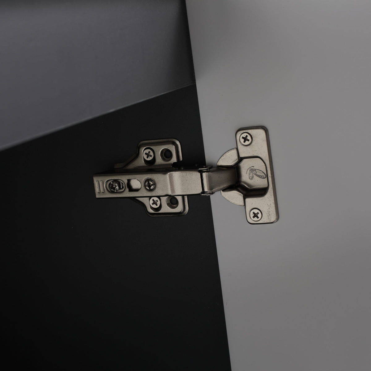 Freestanding Bath Vanity hinge close-up with metal hardware HouseOfZazla vanity cabinet on Tampa Home & Garden Store