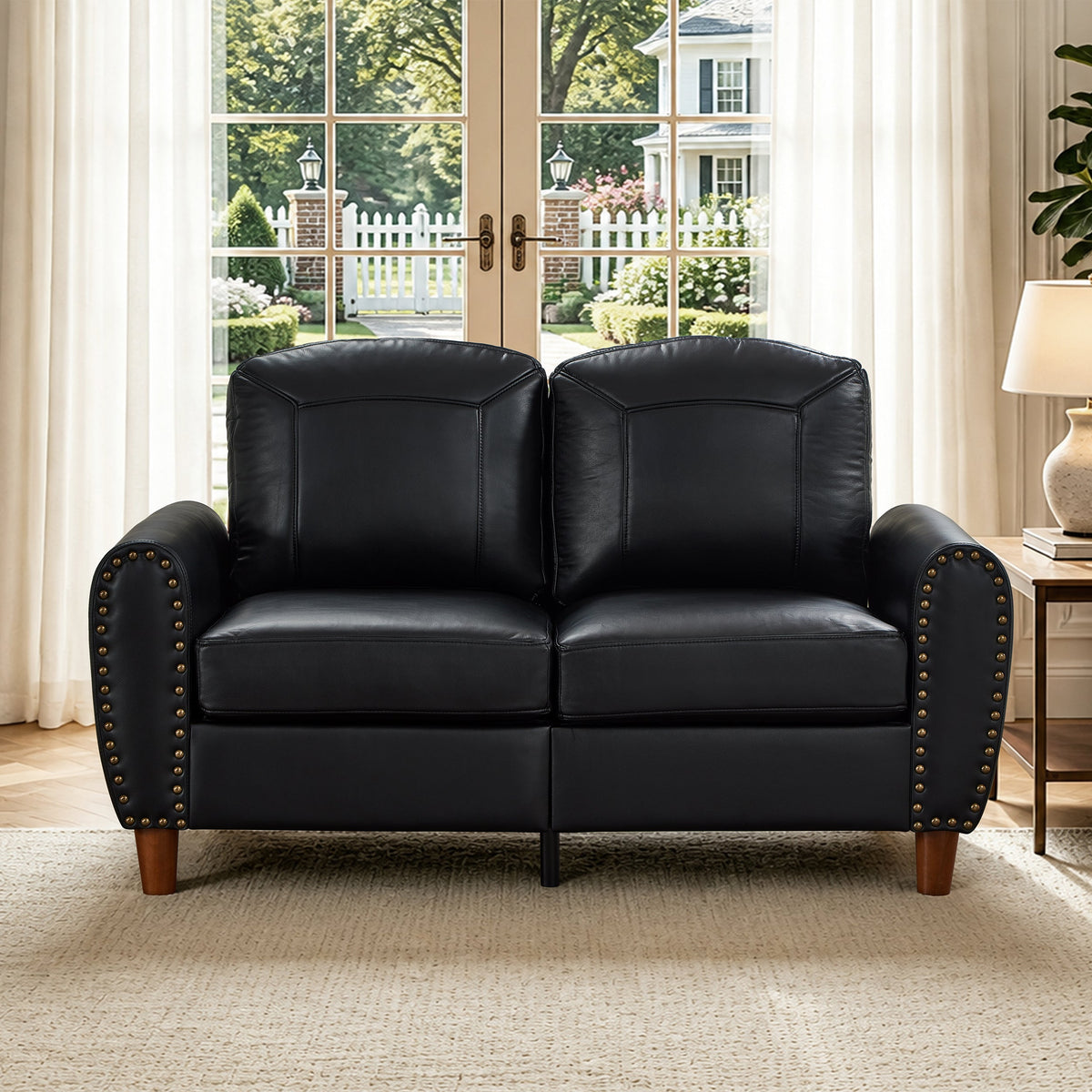 Pair of 59-inch classic faux leather loveseats with nailhead trim and wooden legs in black on Tampa Home & Garden Store