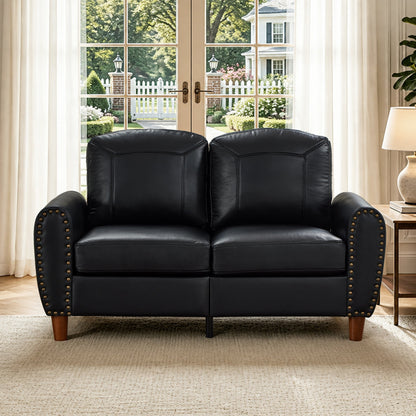 Pair of 59-inch classic faux leather loveseats with nailhead trim and wooden legs in black on Tampa Home & Garden Store