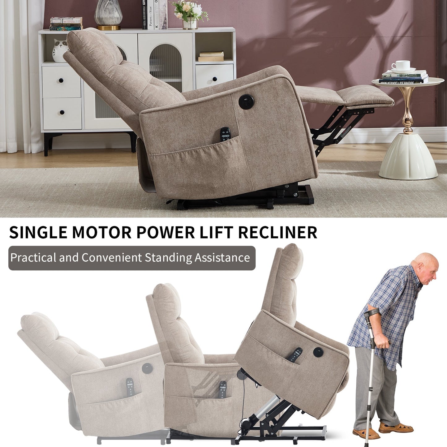 HouseOfZazla khaki chenille power lift recliner chair with massage and heat on Tampa Home & Garden Store