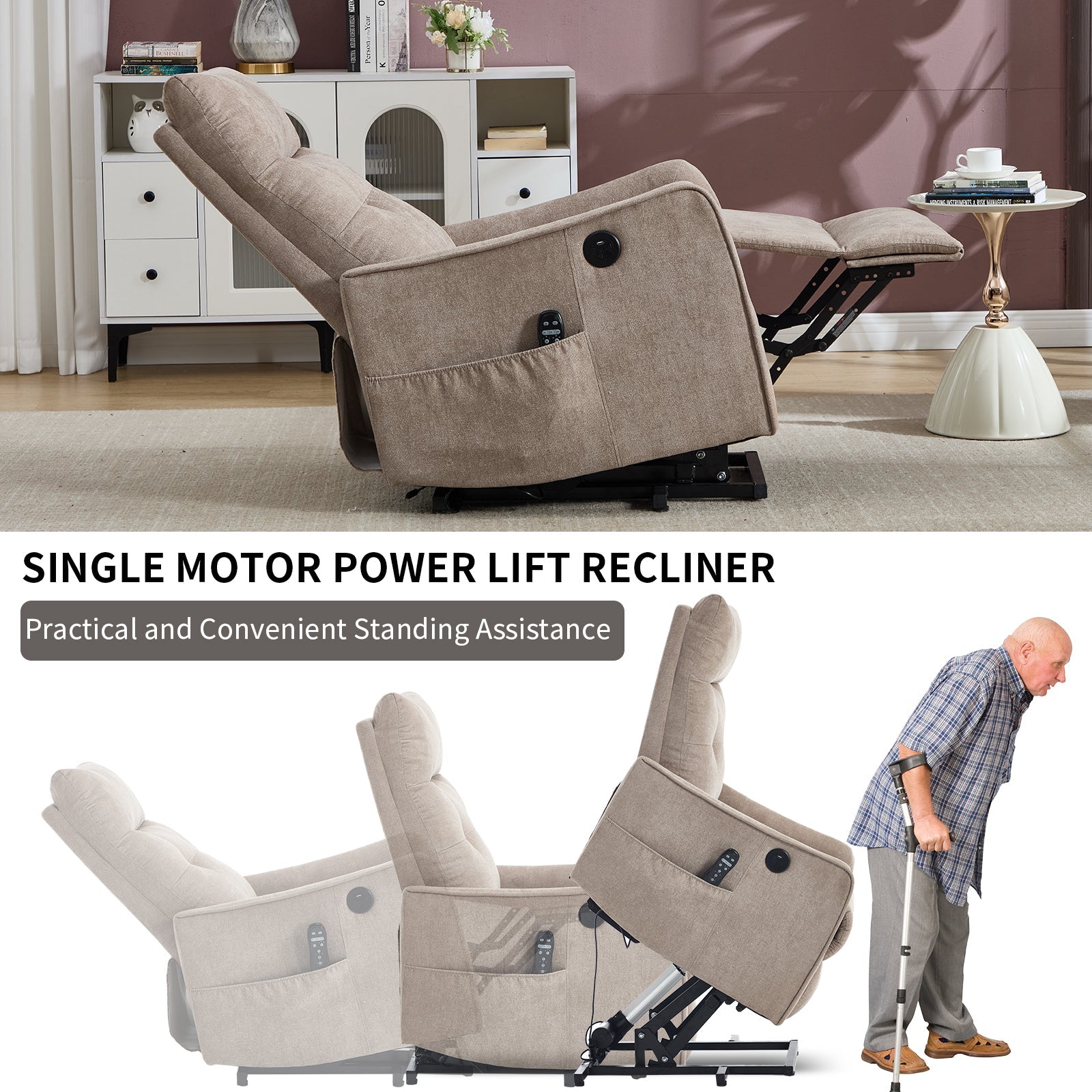 HouseOfZazla khaki chenille power lift recliner chair with massage and heat on Tampa Home & Garden Store