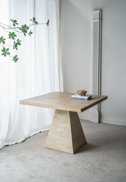 Square Dining Table with Pedestal Base - Beige, stone-textured finish, by HouseOfZazla on Tampa Home & Garden Store