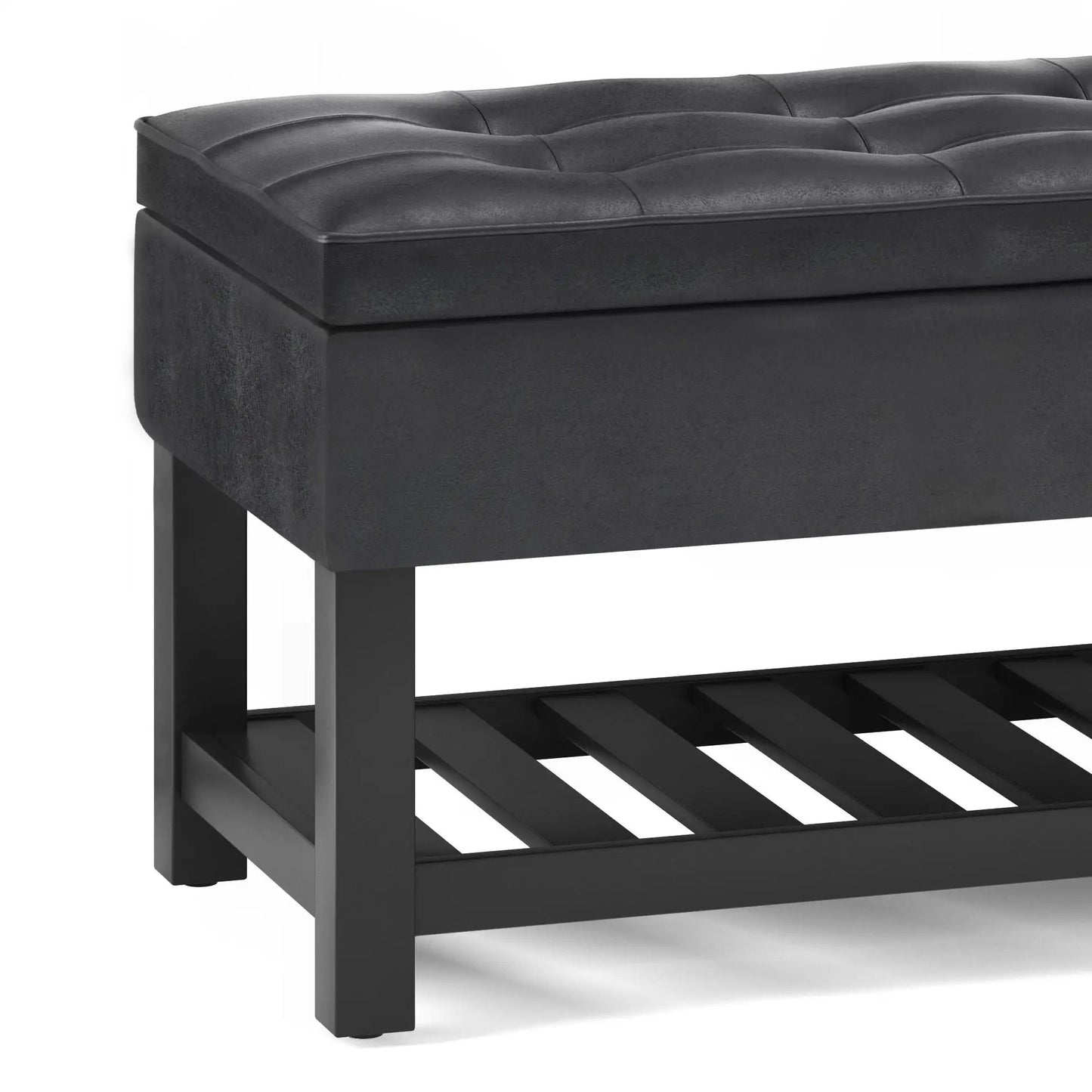 Cosmopolitan storage ottoman bench with open bottom, tufted lid, dark gray faux leather on Tampa Home & Garden Store