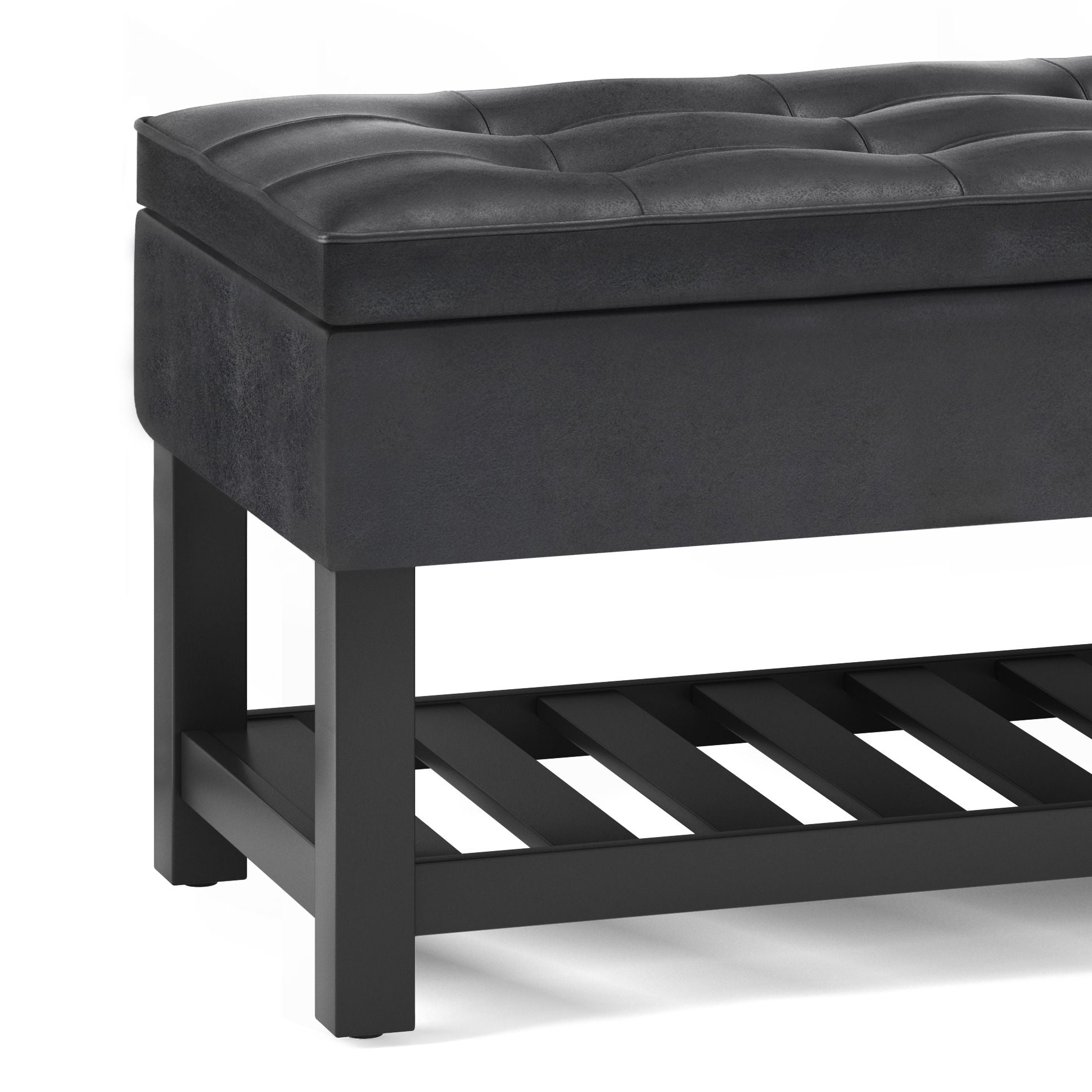 Cosmopolitan storage ottoman bench with open bottom, tufted lid, dark gray faux leather on Tampa Home & Garden Store