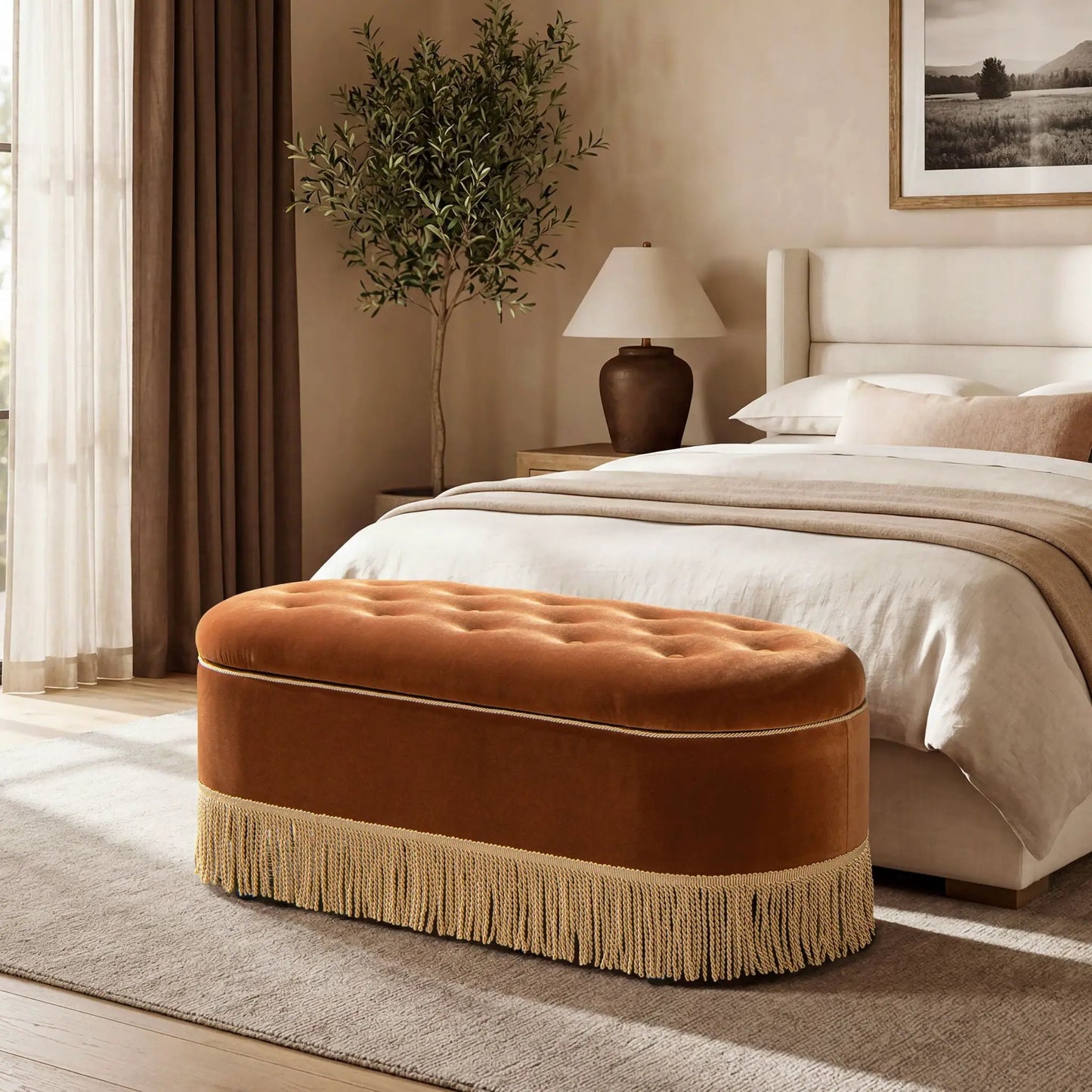 Melinda Oval Tufted Bullion Fringe Storage Bench
