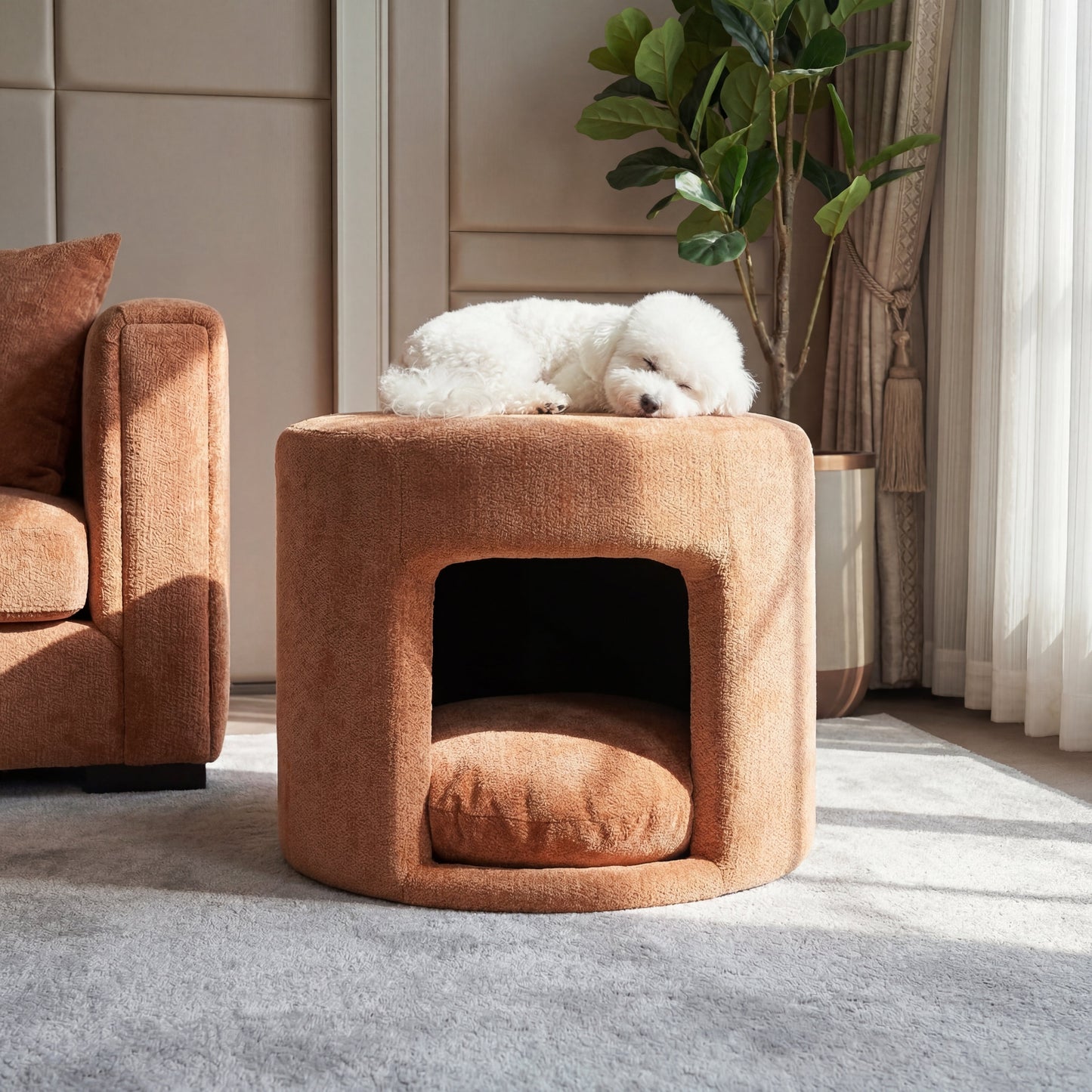 Orange pet-friendly ottoman with removable cushion and hidden pet nook; white dog resting on top on Tampa Home & Garden Store
