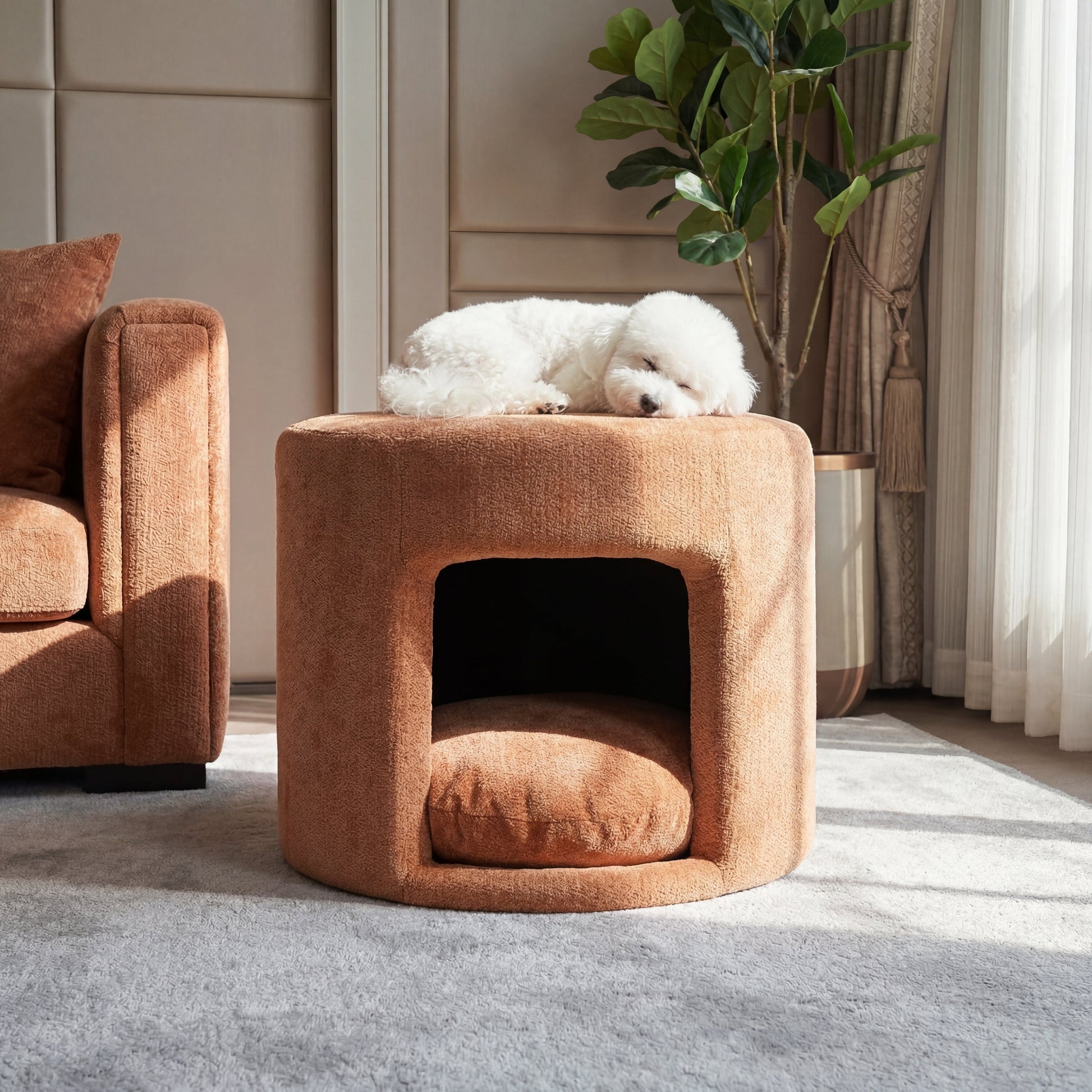 Orange pet-friendly ottoman with removable cushion and hidden pet nook; white dog resting on top on Tampa Home & Garden Store