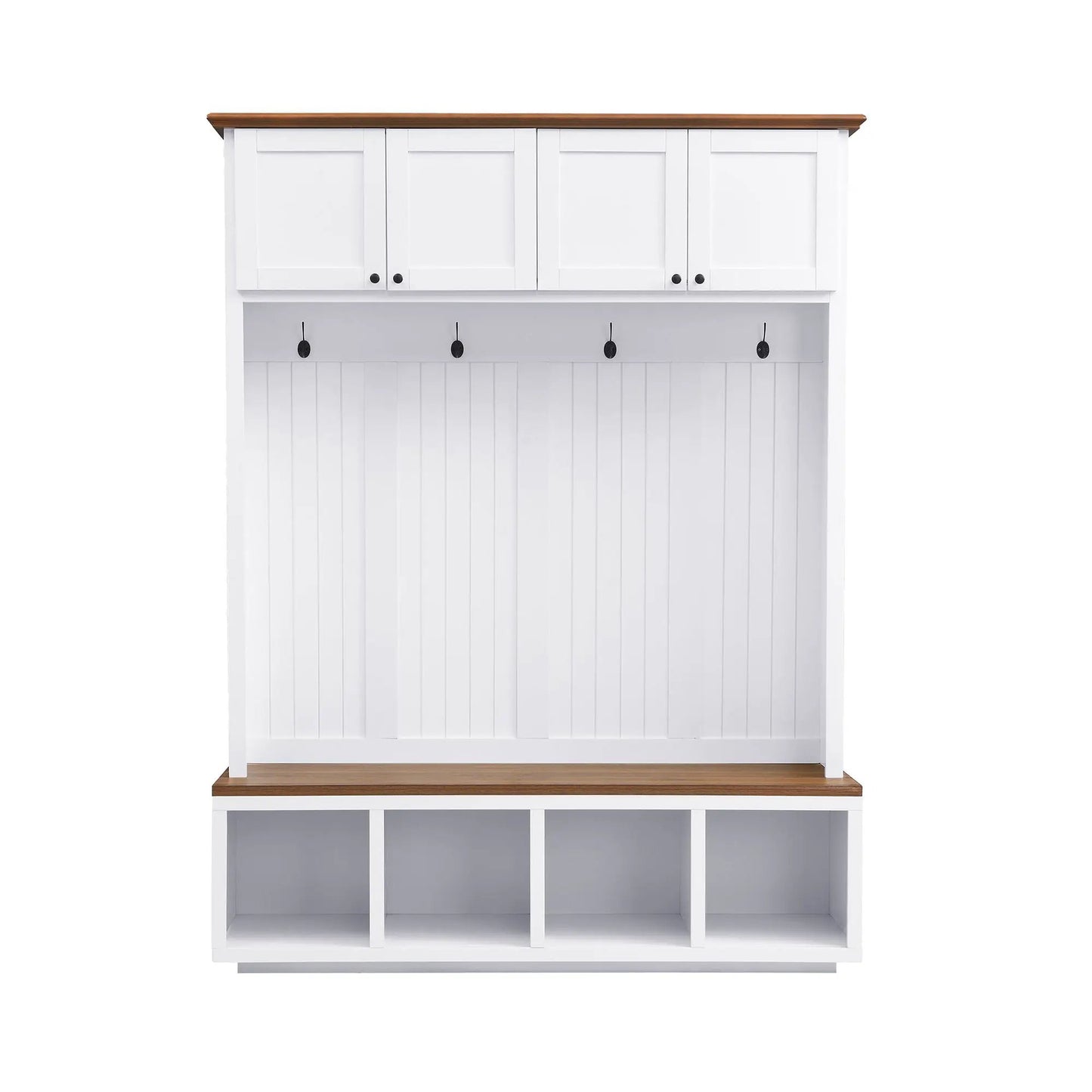 Entryway hall tree with bench and storage by Unique Piece Furniture, white with wood top, hooks on Tampa Home & Garden Store