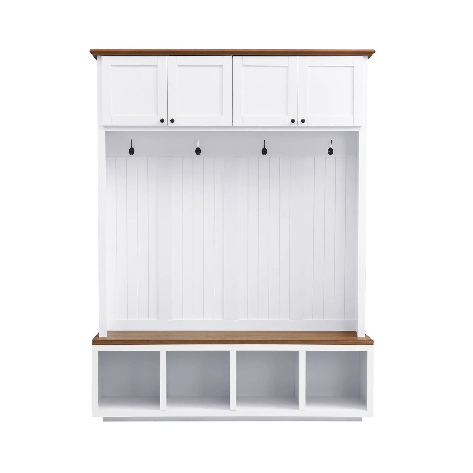 Entryway hall tree with bench and storage by Unique Piece Furniture, white with wood top, hooks on Tampa Home & Garden Store