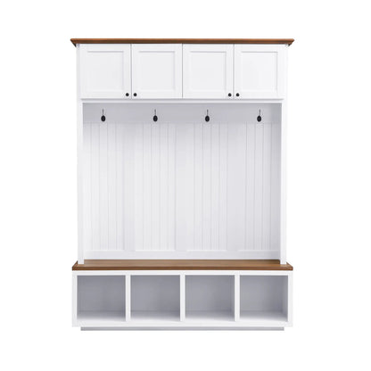 Entryway hall tree with bench and storage by Unique Piece Furniture, white with wood top, hooks on Tampa Home & Garden Store