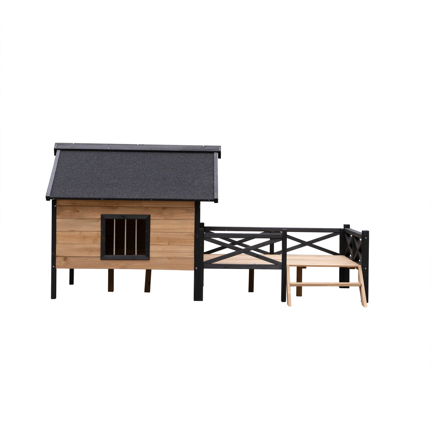 Outdoor large wooden cabin style dog kennel with porch by HouseOfZazla, wood with black trim on Tampa Home & Garden Store