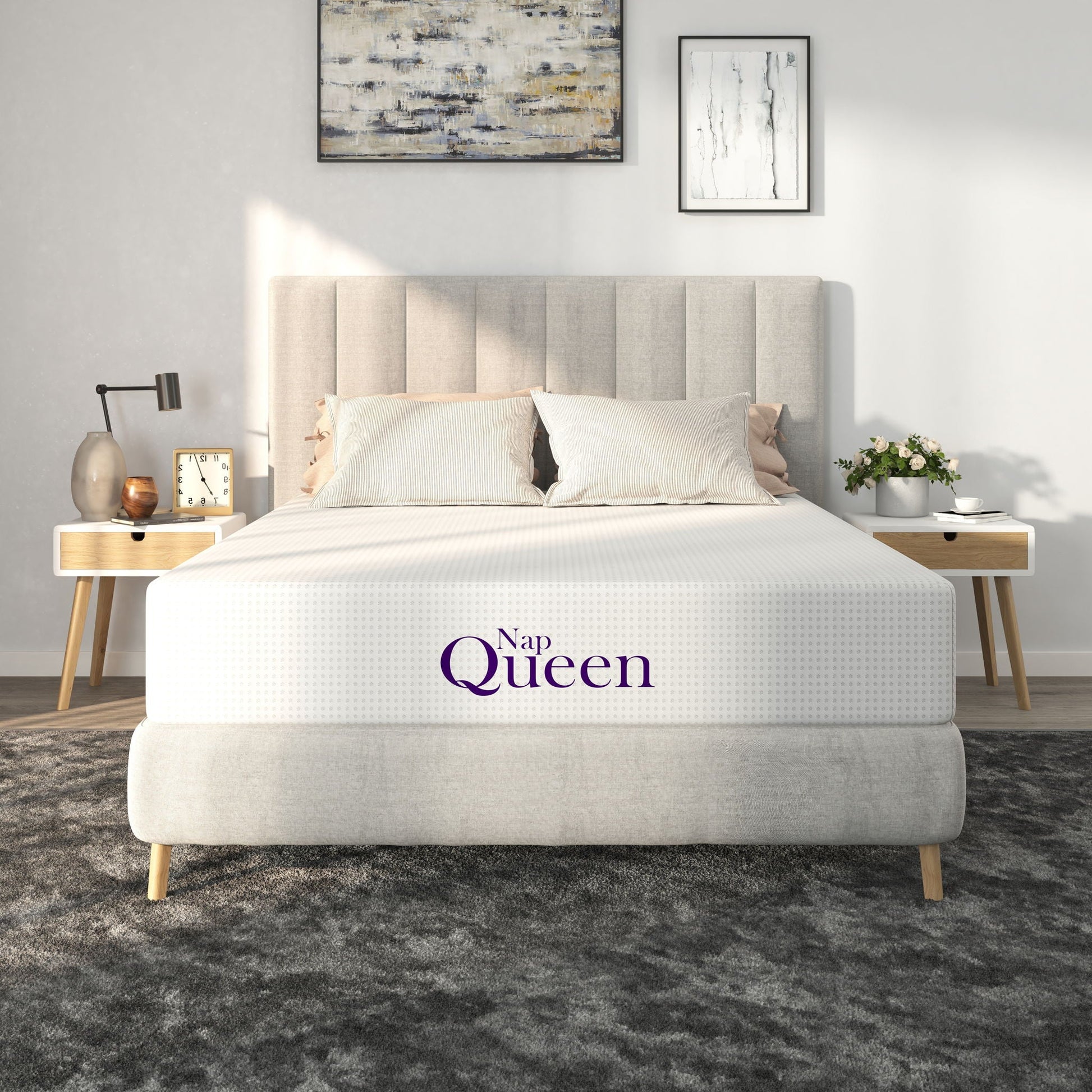 HouseOfZazla 6 memory foam mattress queen in a modern bedroom with gray upholstered headboard on Tampa Home & Garden Store