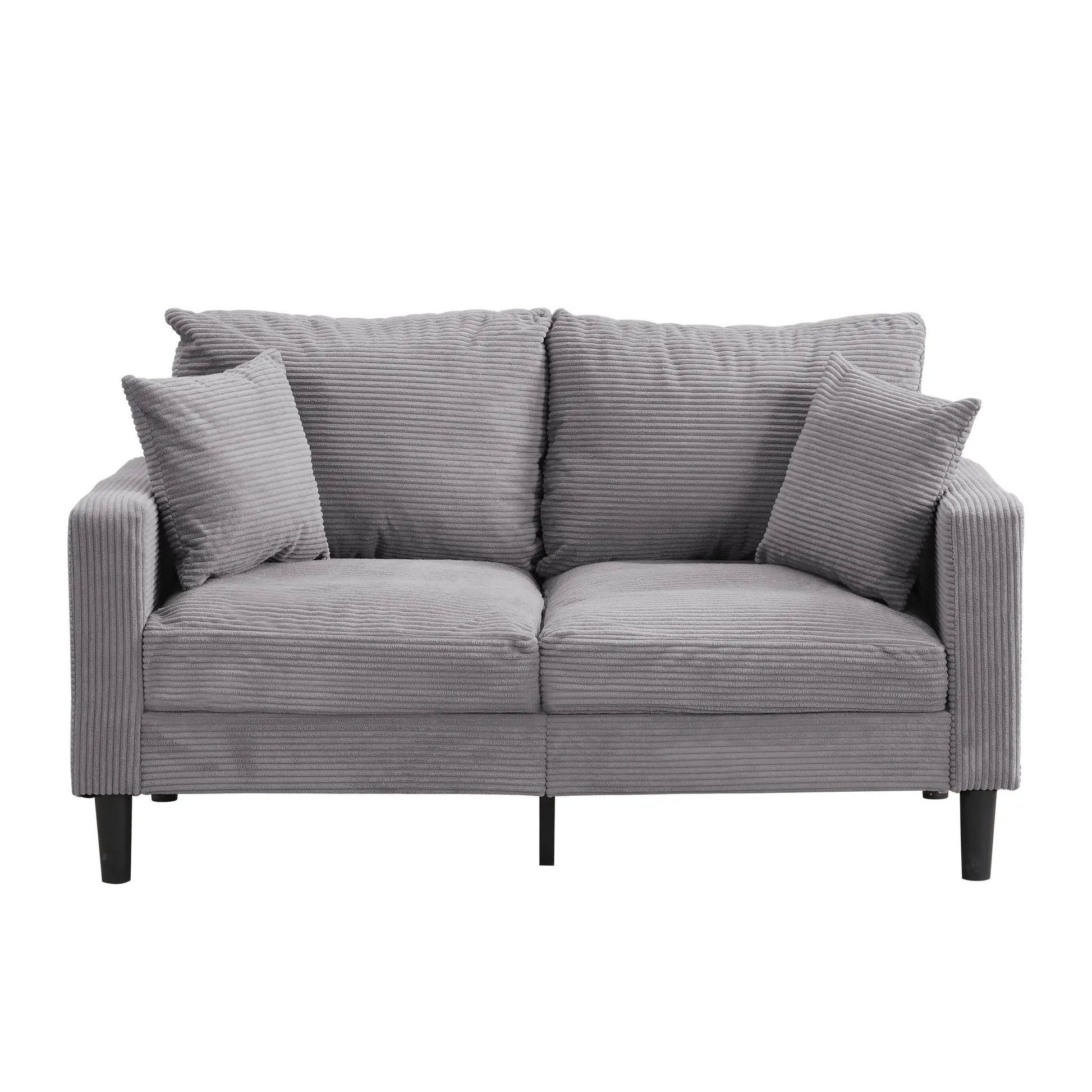 Modern upholstered loveseat sofa in gray corduroy with plush cushions and black legs on Tampa Home & Garden Store