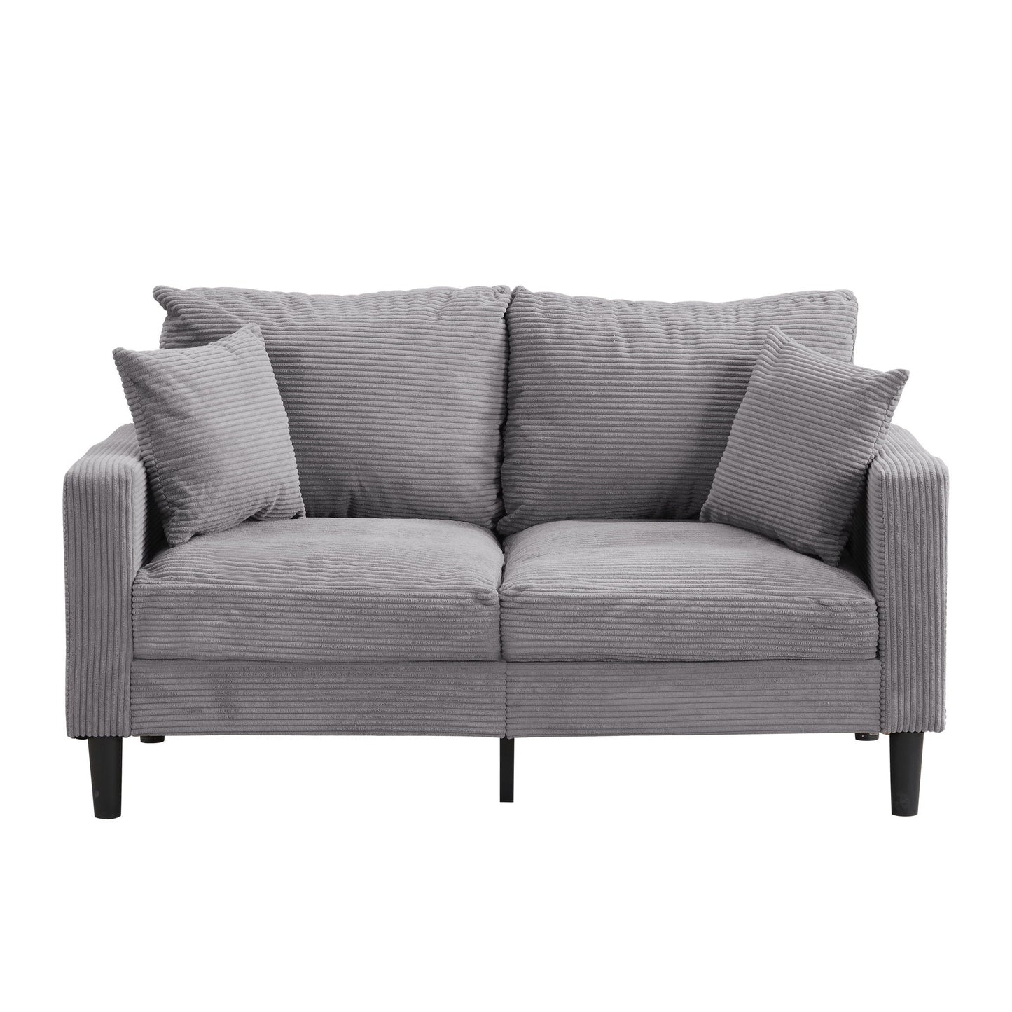 Modern Upholstered Loveseat in gray ribbed fabric with two seat cushions and black legs on Tampa Home & Garden Store