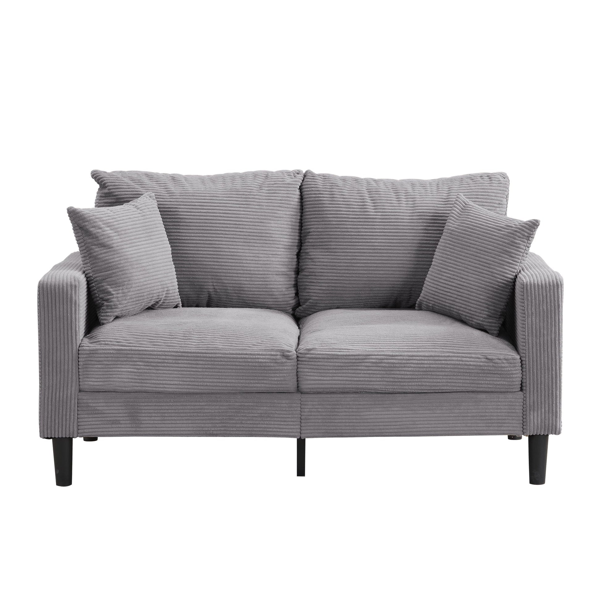 Modern Upholstered Loveseat in gray ribbed fabric with two seat cushions and black legs on Tampa Home & Garden Store