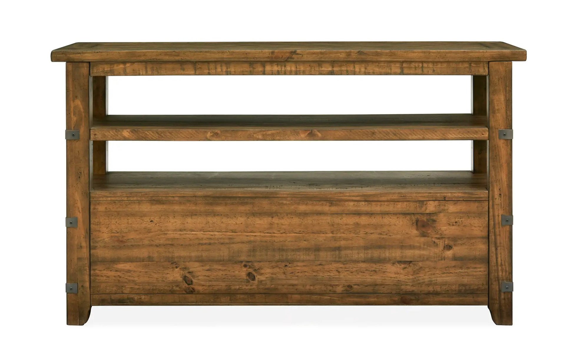 Chesterfield rectangular sofa table in rustic farmhouse timber with warm finish and open shelf on Tampa Home & Garden Store
