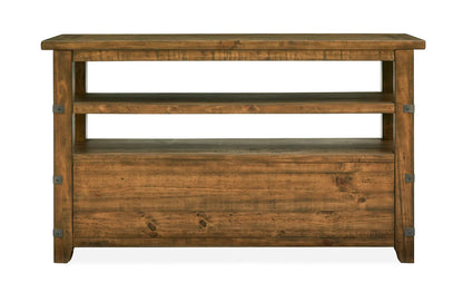 Chesterfield rectangular sofa table in rustic farmhouse timber with warm finish and open shelf on Tampa Home & Garden Store
