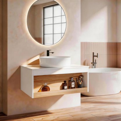 Floating bathroom vanity with glossy round vessel sink and wood drawer by Unique Piece Furniture on Tampa Home & Garden Store