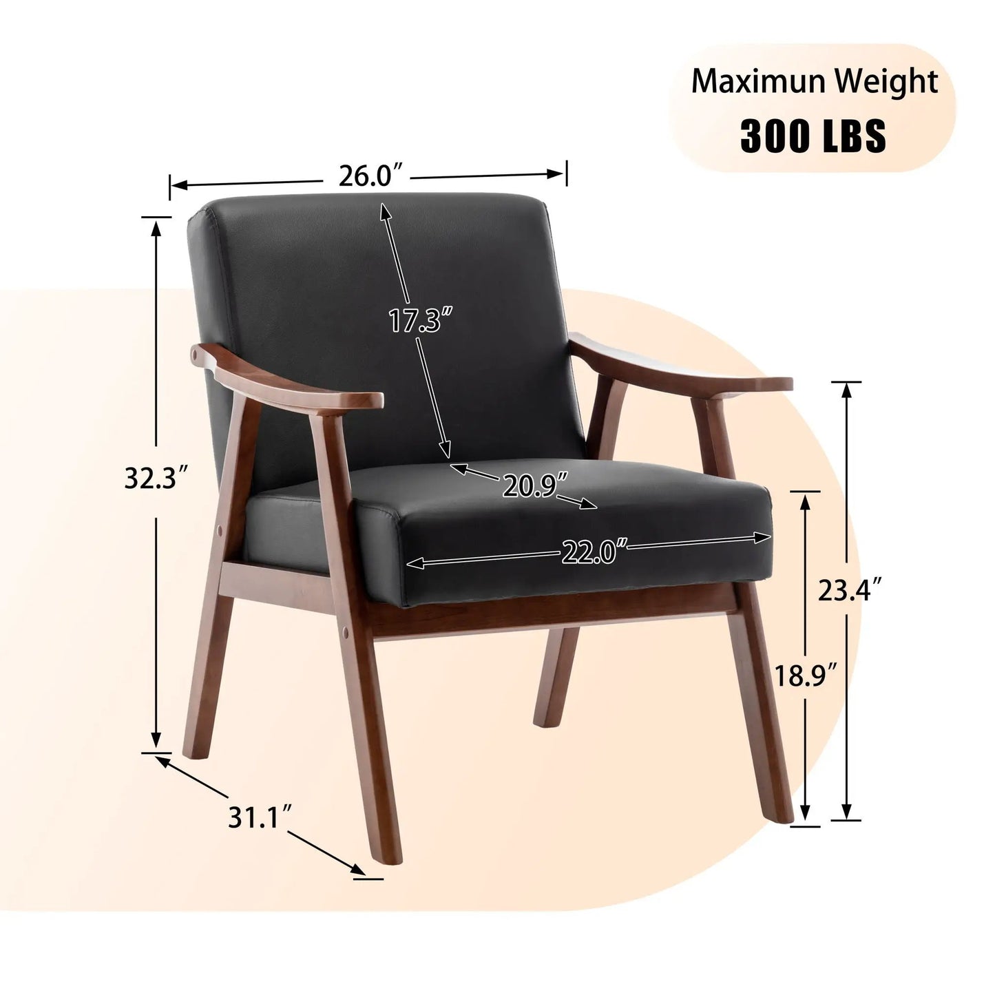 Mid Century Modern accent chair with solid wood frame and thick backrest in black leather on Tampa Home & Garden Store