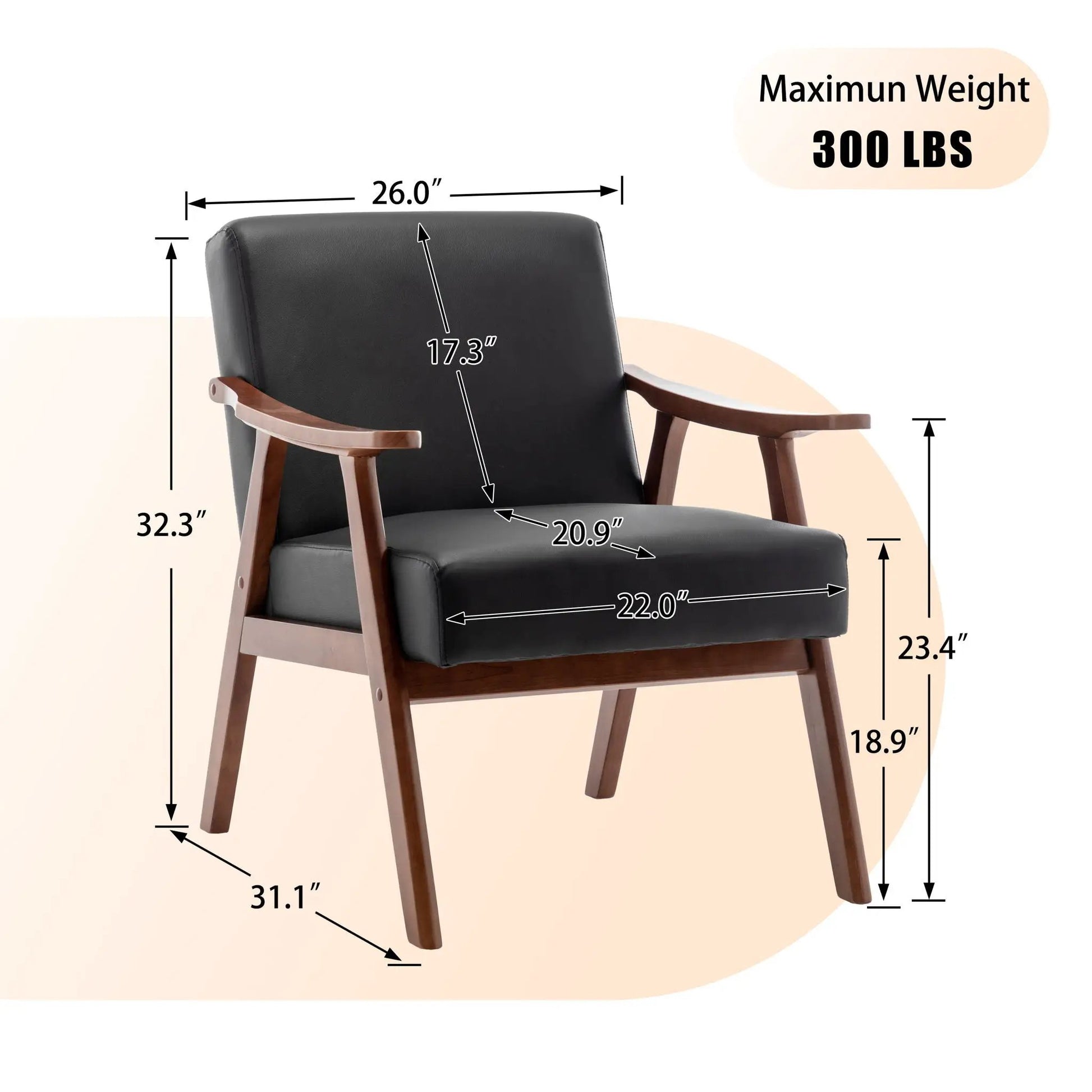 Mid Century Modern accent chair with solid wood frame and thick backrest in black leather on Tampa Home & Garden Store