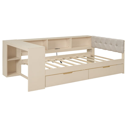 Beige upholstered storage bed with shelves, drawers and charging station HouseOfZazla on Tampa Home & Garden Store