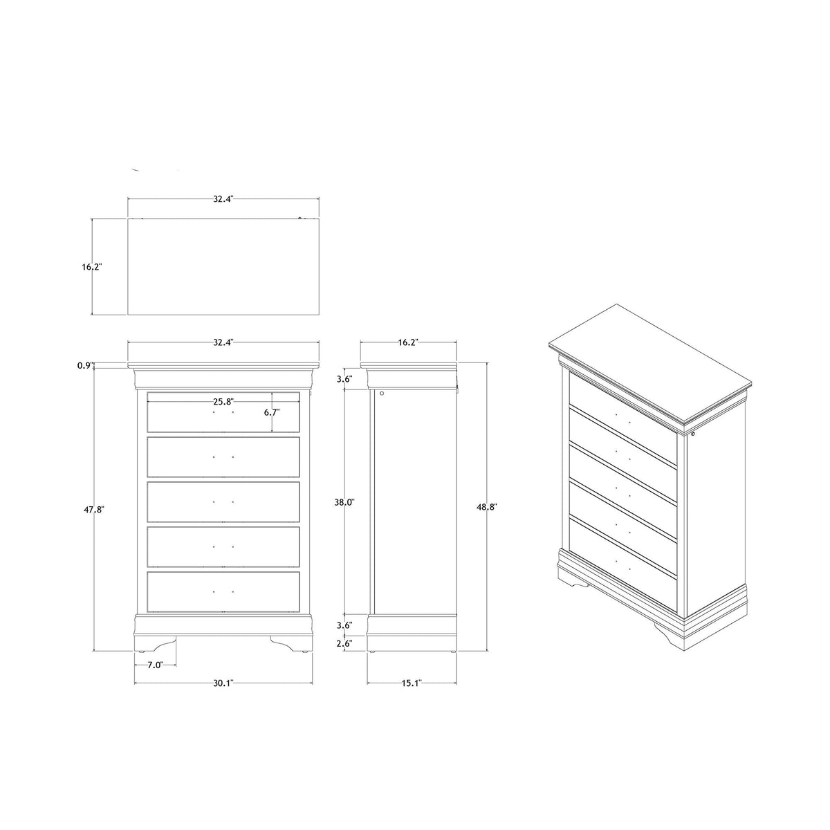 Charlston 5 Piece Bedroom Set LED Headboard drawing showing bed and dresser and chest on Tampa Home & Garden Store