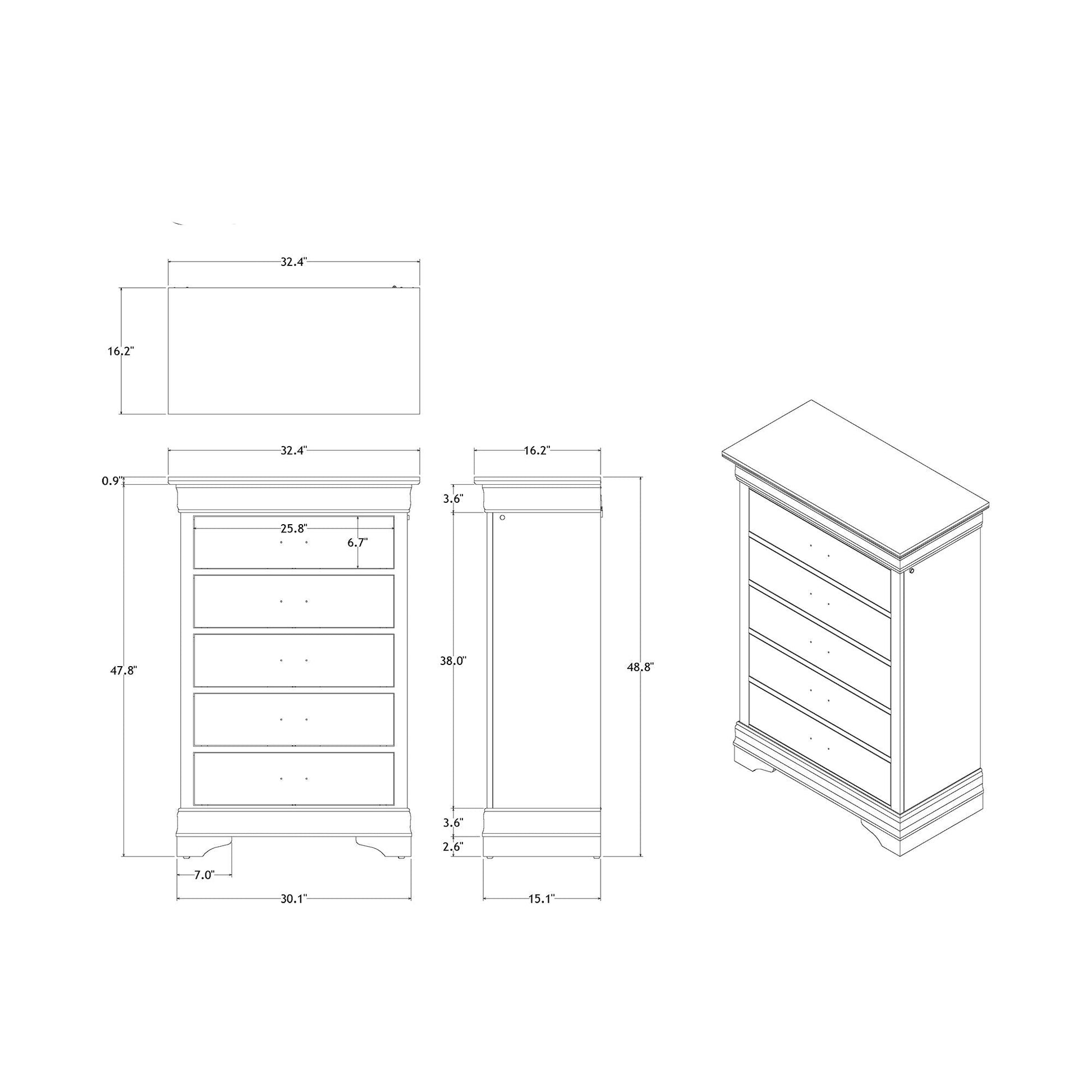 Charlston 5 Piece Bedroom Set LED Headboard drawing showing bed and dresser and chest on Tampa Home & Garden Store