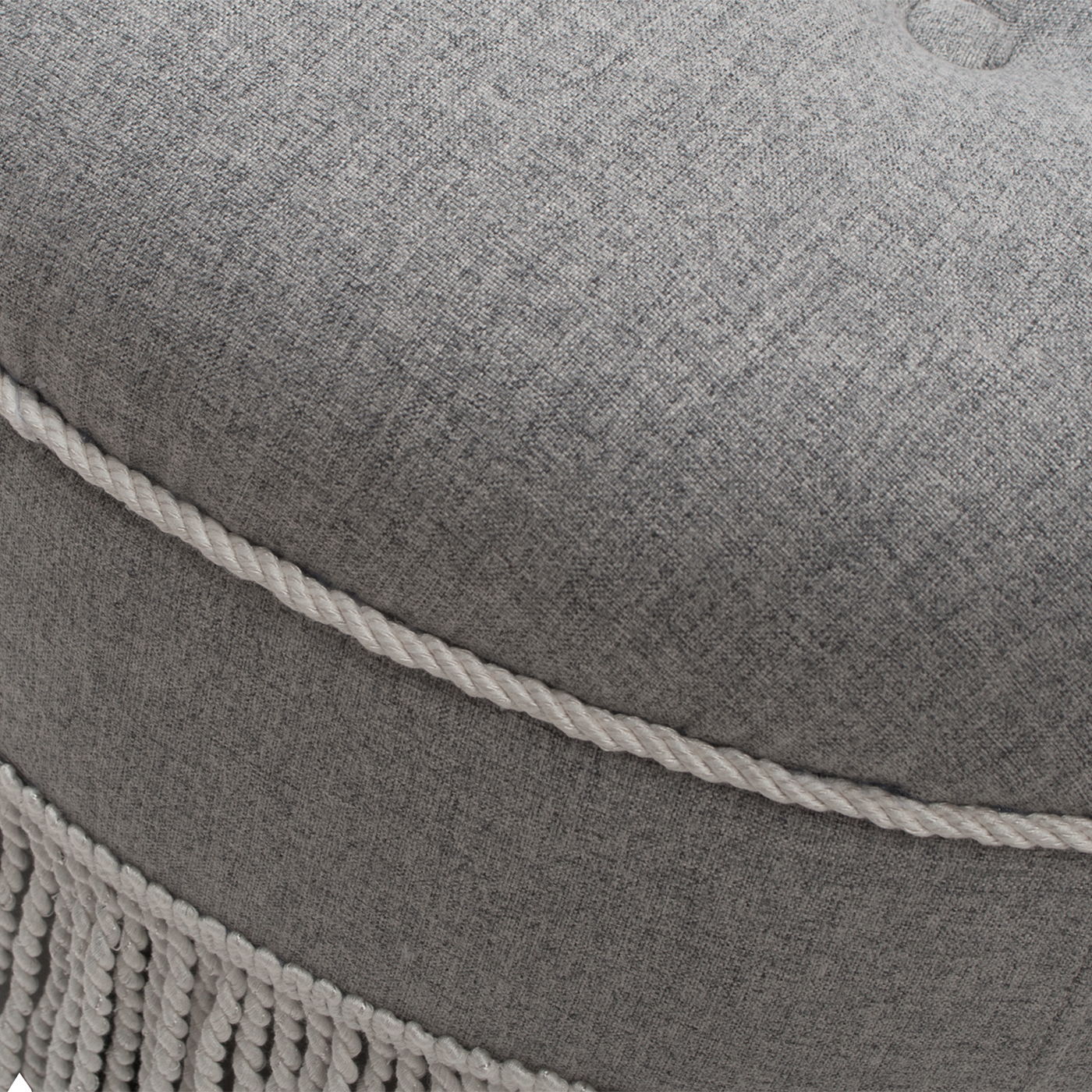 Yolanda round upholstered accent ottoman in gray fabric with white rope trim and fringe on Tampa Home & Garden Store