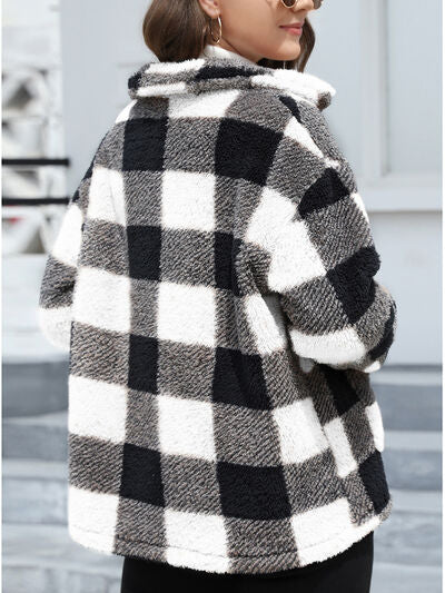 Stevvex fuzzy plaid jacket with drop shoulders black white gray check button-up soft casual fit on Tampa Home & Garden Store