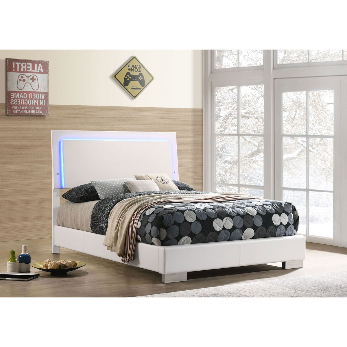 Felicity LED Panel Bed with Built In Lighting, white upholstered platform bed on Tampa Home & Garden Store