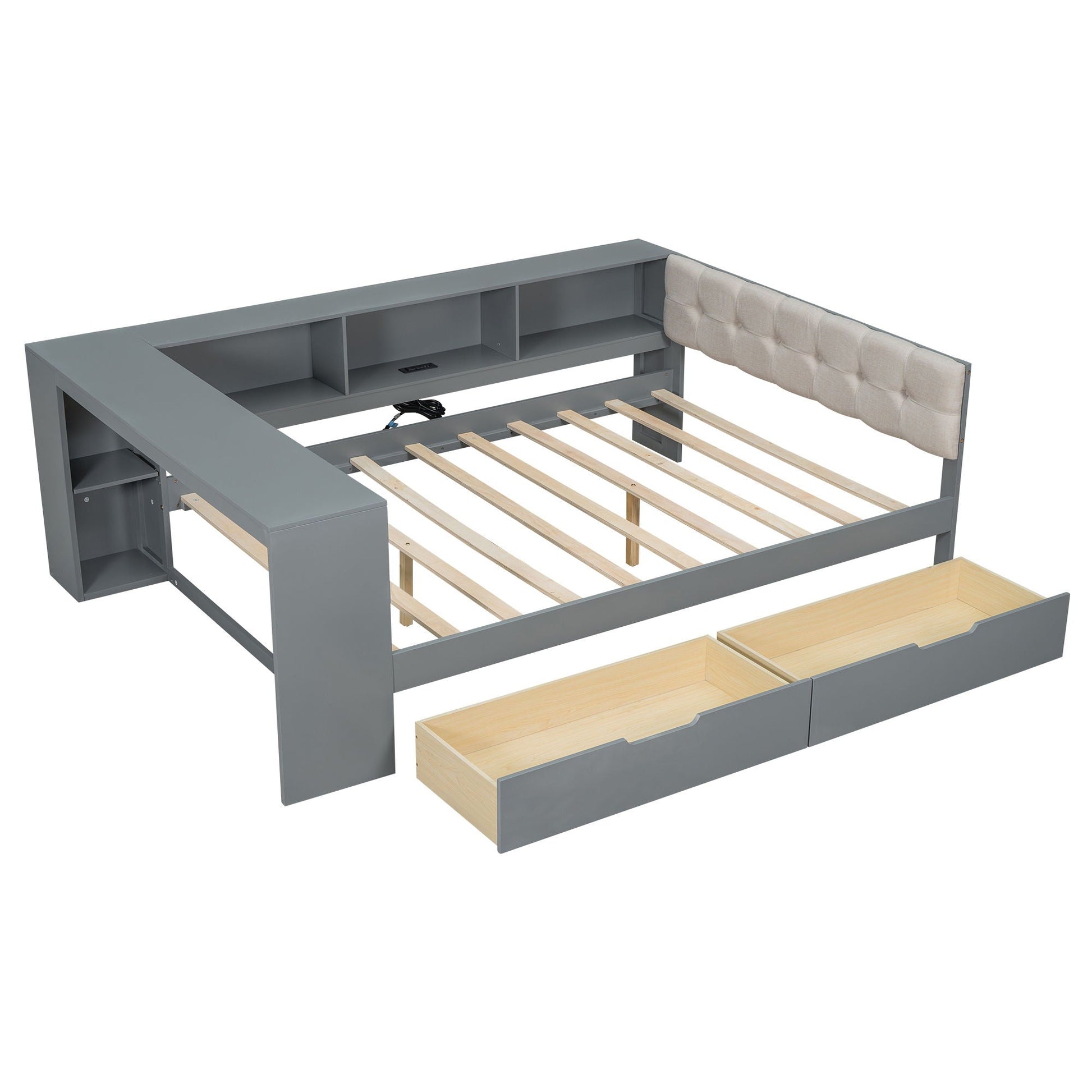 Upholstered headboard platform bed in gray with built-in shelves and two front drawers on Tampa Home & Garden Store