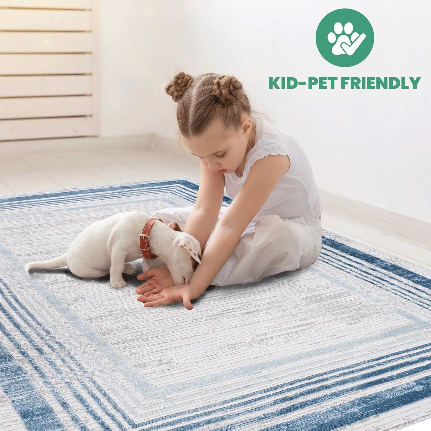 Marfi - Bordered Area Rug blue-gray striped, shown with a child and puppy indoors on Tampa Home & Garden Store
