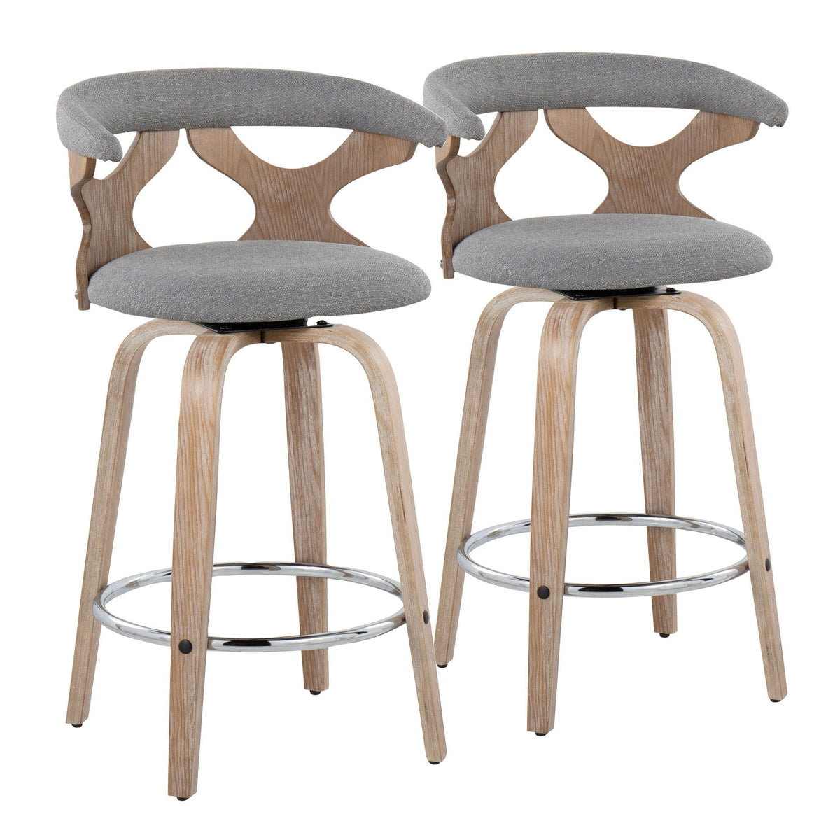 Mid Century Modern counter stool set with swivel, gray fabric seats, wood legs 2-pack on Tampa Home & Garden Store
