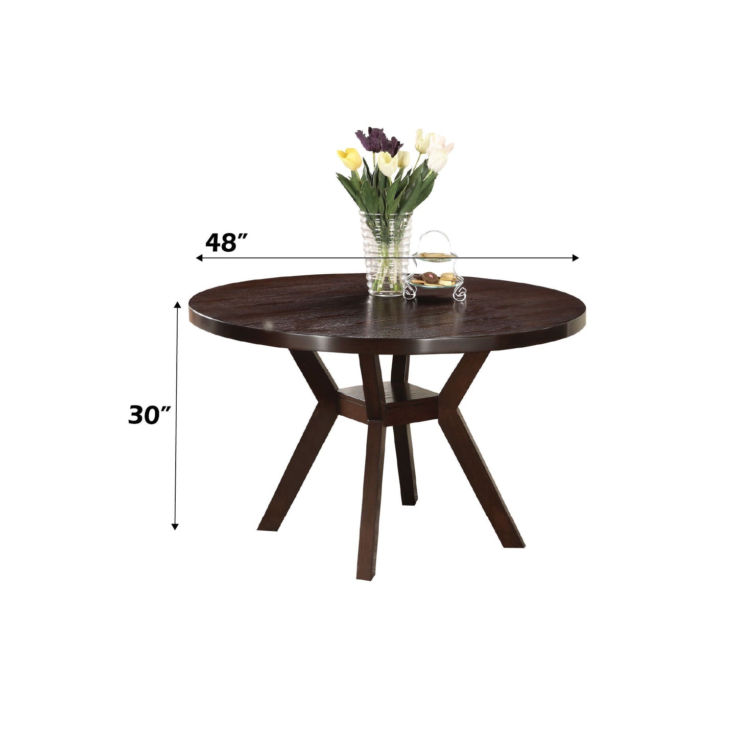 Drake espresso round dining table with cross-leg pedestal, 48in diameter; tulip vase centerpiece on Tampa Home & Garden Store
