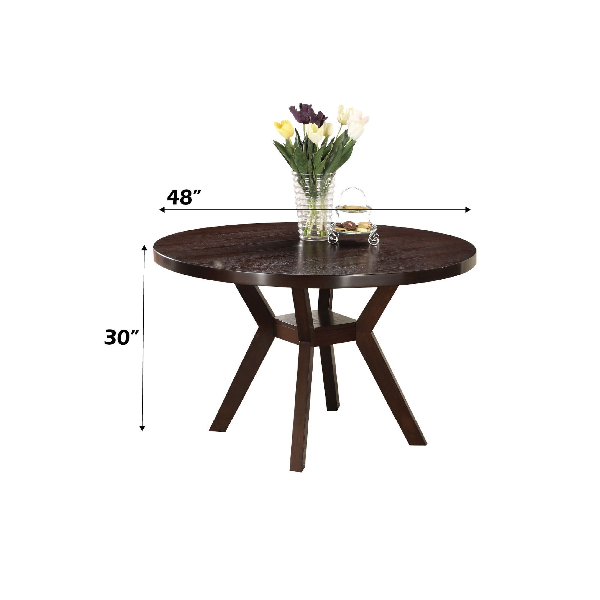 Drake espresso round dining table with cross-leg pedestal, 48in diameter; tulip vase centerpiece on Tampa Home & Garden Store