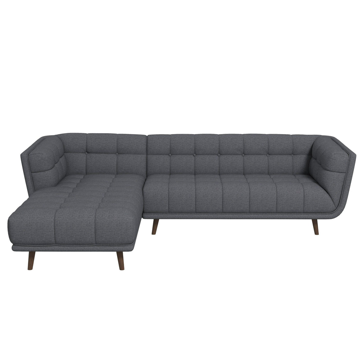 L-shaped sectional sofa tufted in dark gray fabric with mid-century modern legs on Tampa Home & Garden Store