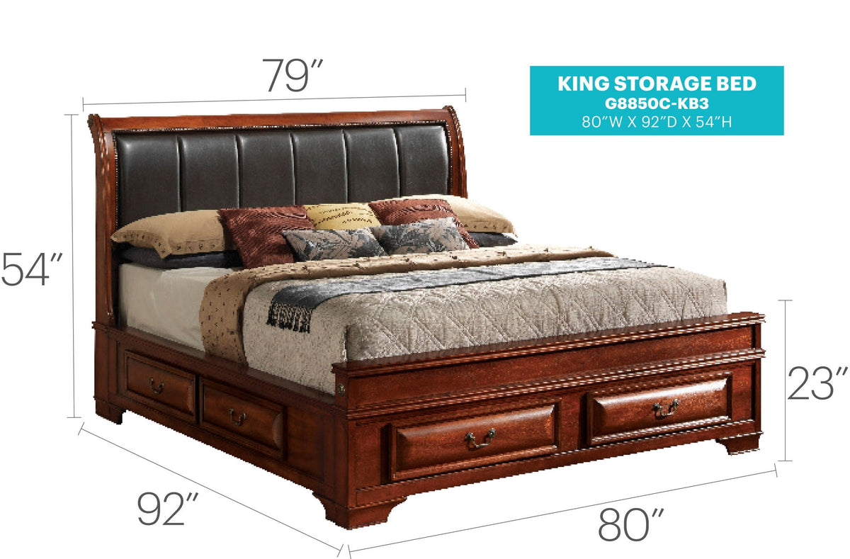 Lavita storage bed king size with dark leather upholstered headboard and rich wood frame with built-in drawers on Tampa Home & Garden Store