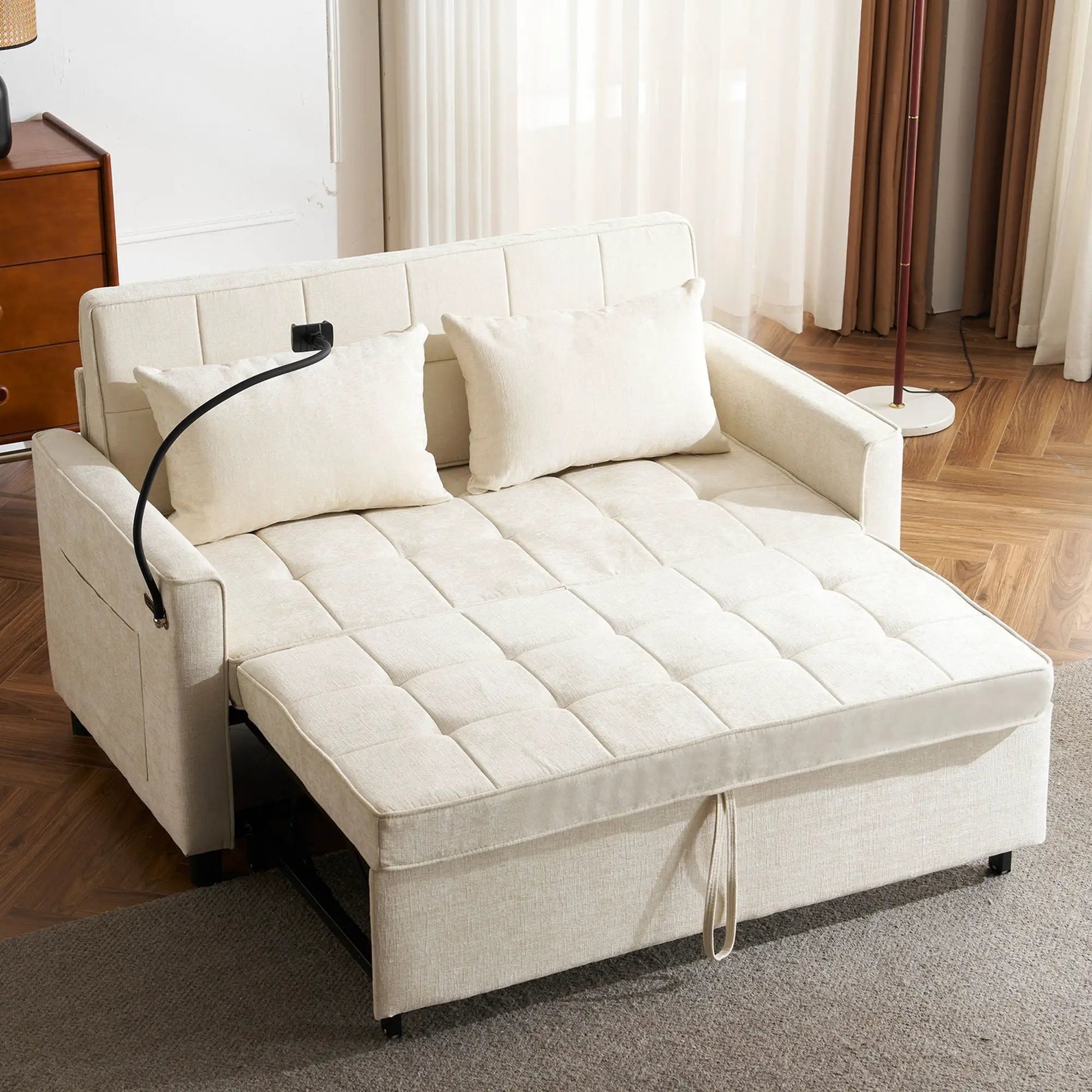 Pull-out sleeper sofa in cream fabric with cushioned backrest for living room on Tampa Home & Garden Store