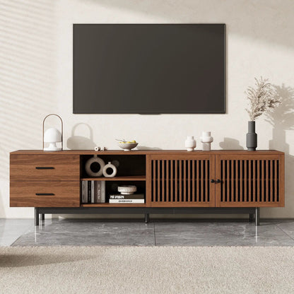 Walnut 78-inch TV stand with deep drawers, cable management and soft-close doors for up to 85-inch TVs on Tampa Home & Garden Store