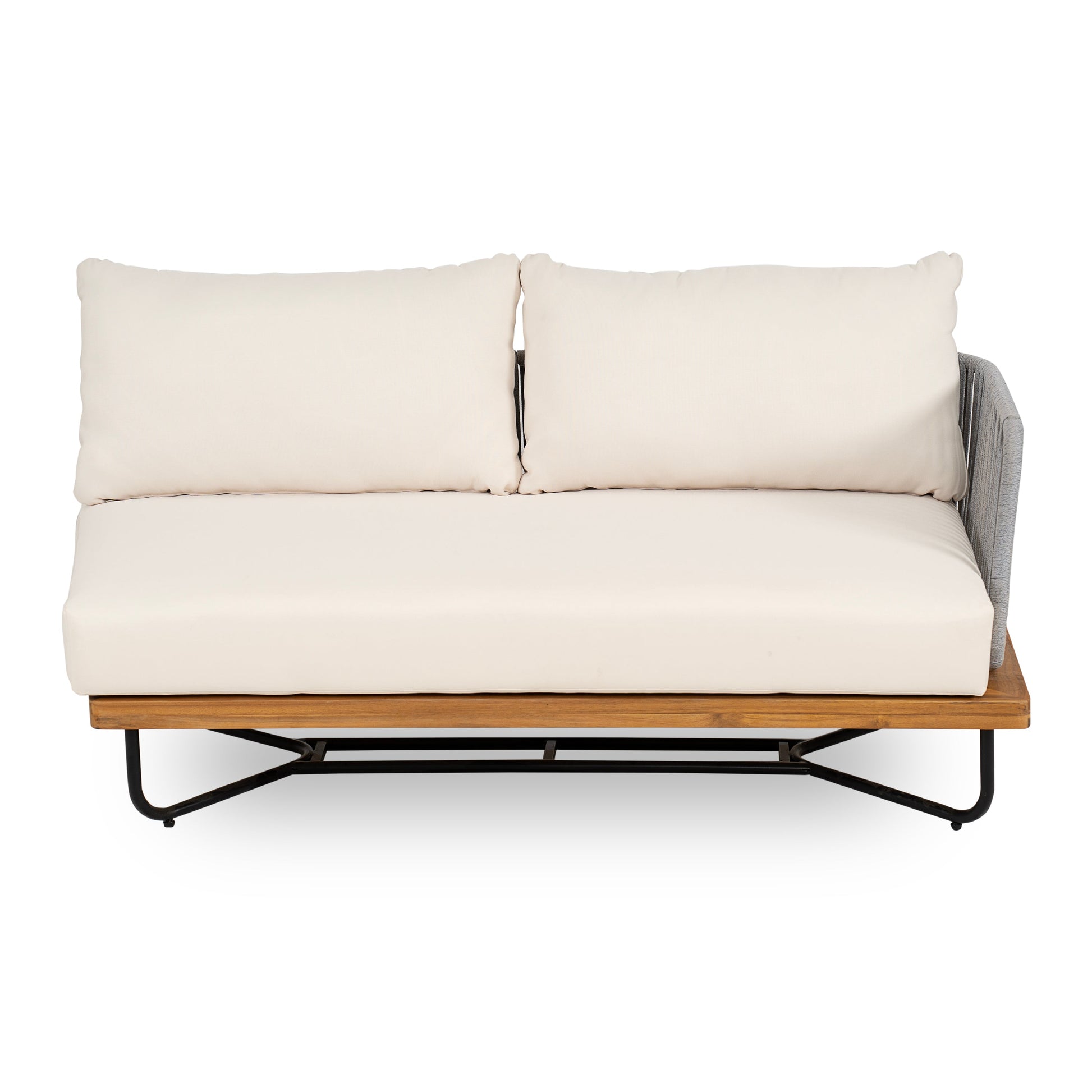 Lucca Outdoor 6-Seater Patio Conversation Set with acacia wood base and rope-woven cushions on Tampa Home & Garden Store