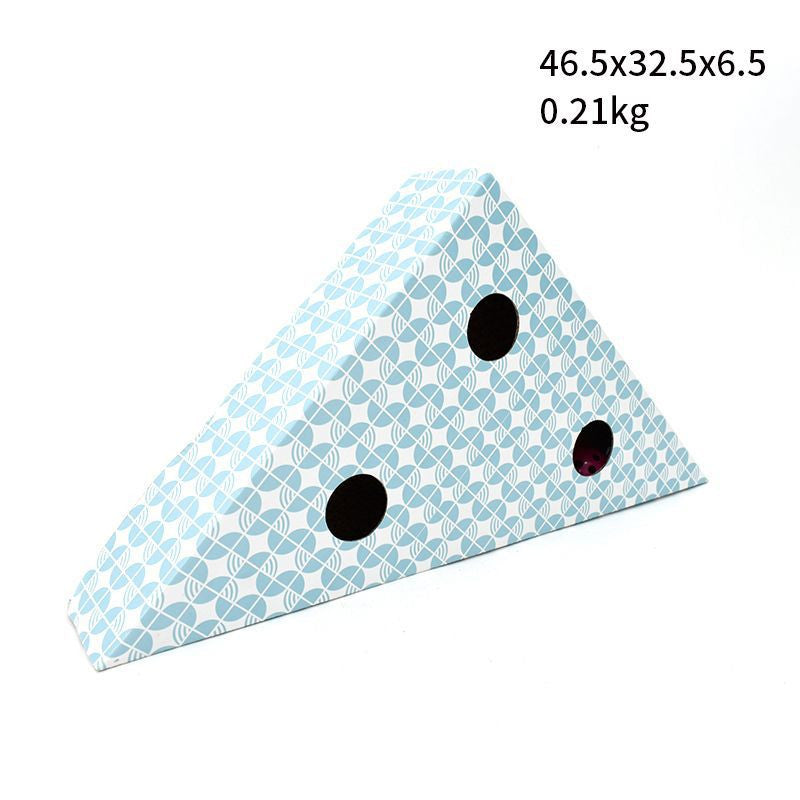 Sell My Stuff cat scratcher triangle wedge with blue geometric pattern and three circular holes on Tampa Home & Garden Store