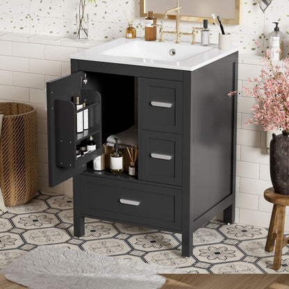 Bathroom vanity with sink in dark gray finish, gold fixtures, doors and 3 drawers on Tampa Home & Garden Store