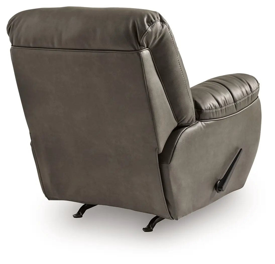 Elksworth Rocker Recliner in gray faux leather with padded back, side lever, black metal legs on Tampa Home & Garden Store